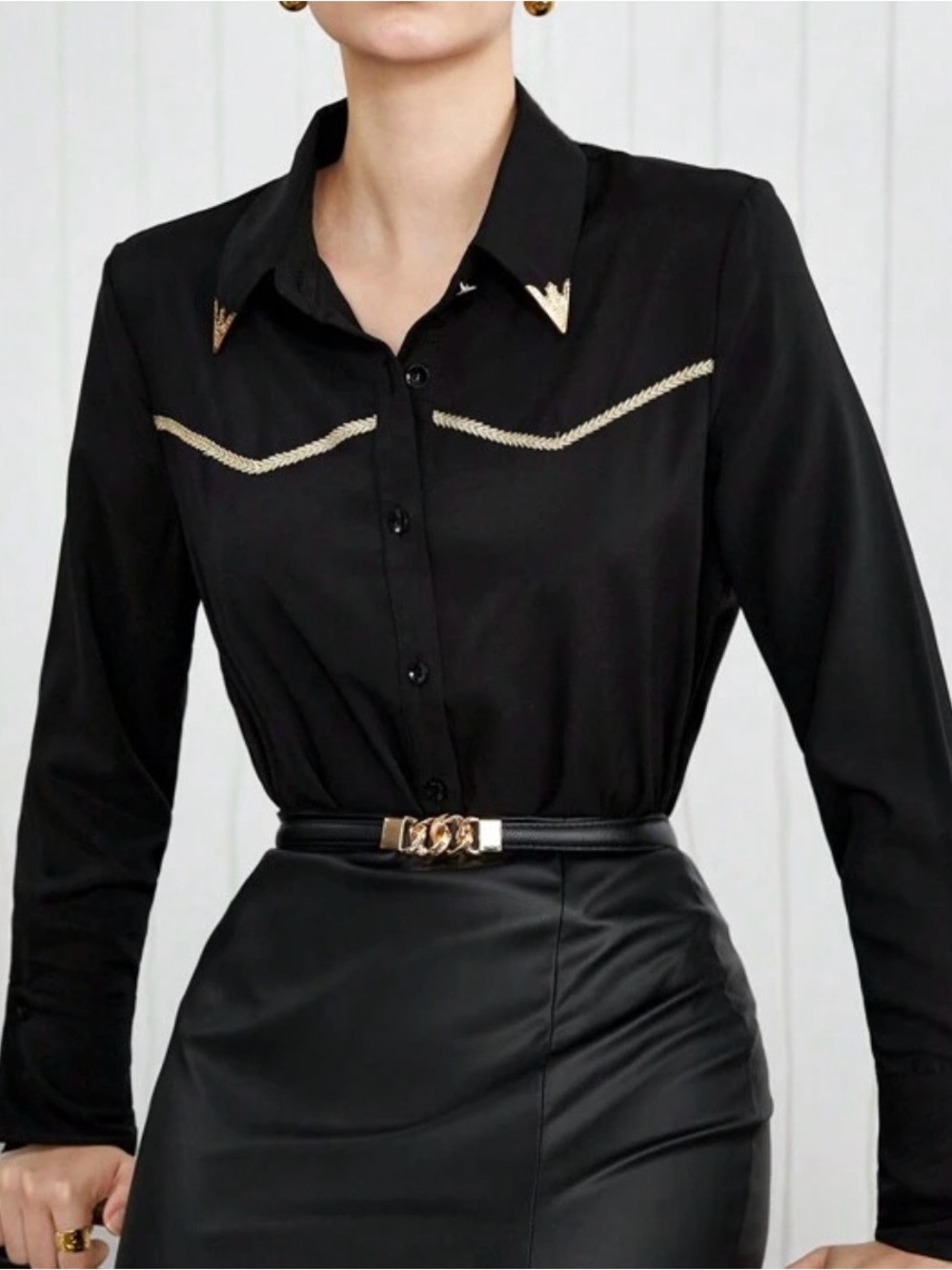 Black Long-Sleeve Button Front Shirt with Gold Trim